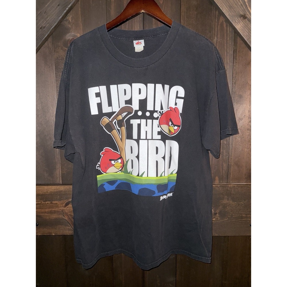 Angry Birds Men's Unisex XL T-Shirt Flipping the‎ Bird Black Officially Licensed